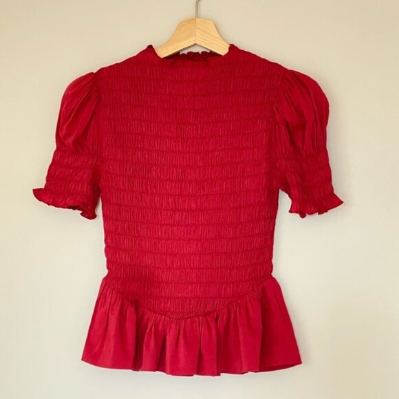 NEW Reformation Aggie Short Sleeve Top Rubies Dark Red Smocked Top | size XS - Picture 6 of 11